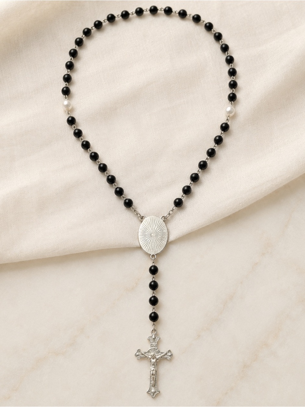 NEW Black Bead Rosary Necklace with Silver Cross